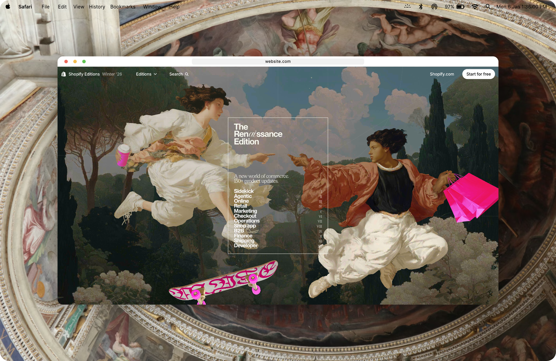 Sample output: a Safari window with a beach photo, MacBook menu bar, and soft pink-to-blue gradient background.