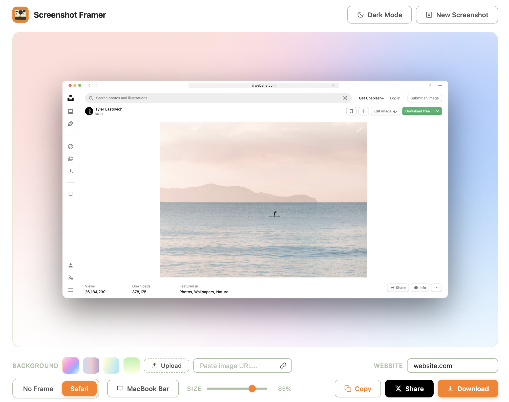 Screenshot Framer result page showing a framed beach photo with a soft gradient background.